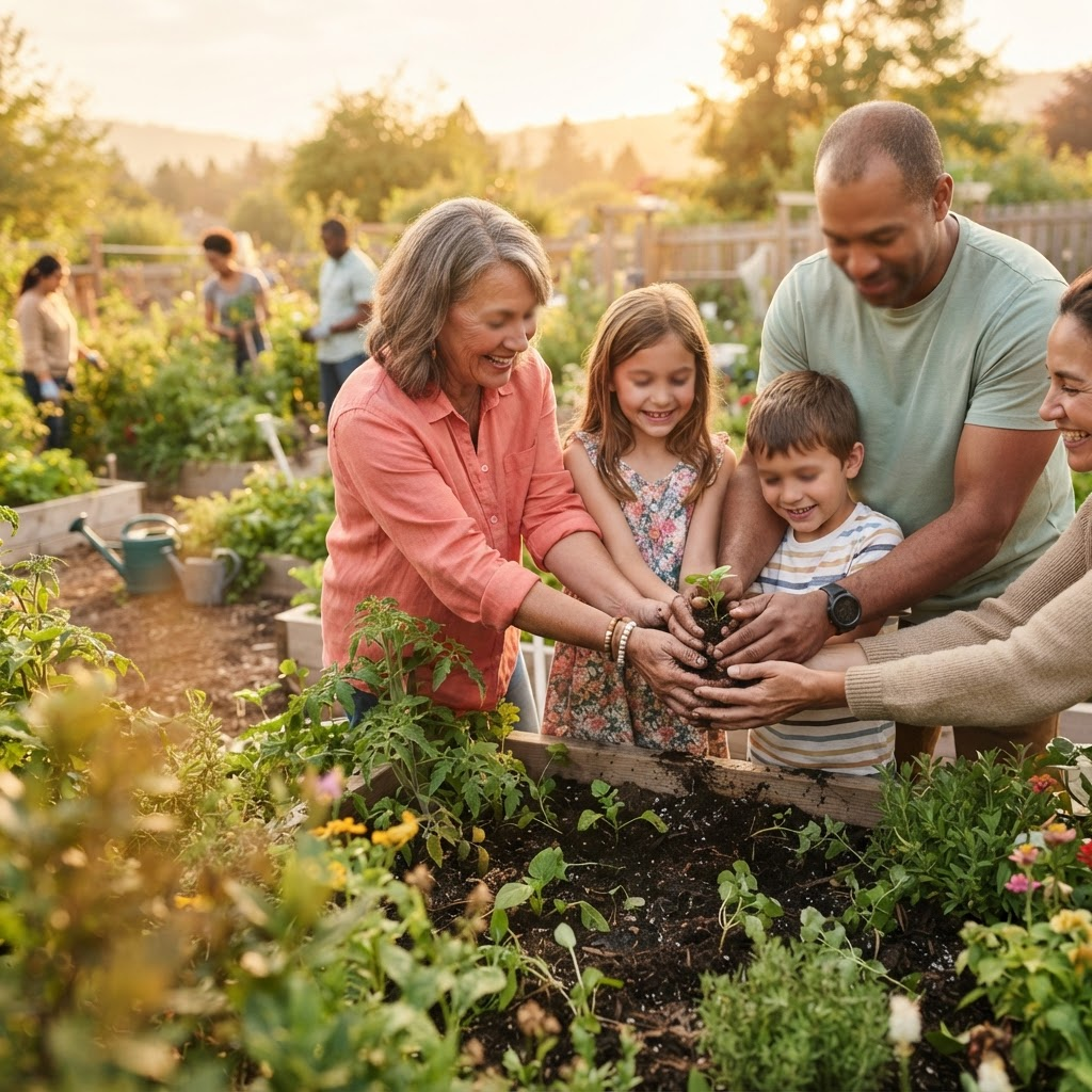 Community members joining hands in a garden